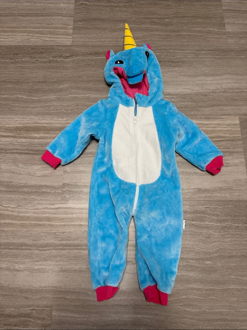 Blue Unicorn Kids One-Piece Plush Romper with Hood